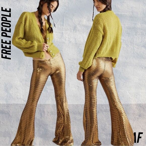 FREE PEOPLE GOLD MATTE PARTY PANTS BELLBOTTOM FLARE NWT XS - Picture 1 of 9